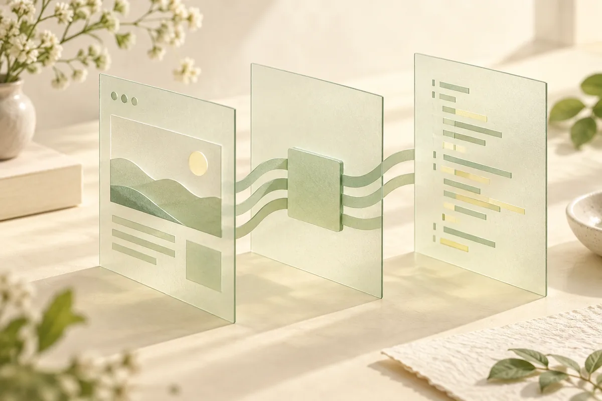 AI-generated illustration of pale sage interface panels connected across a warm cream tabletop.